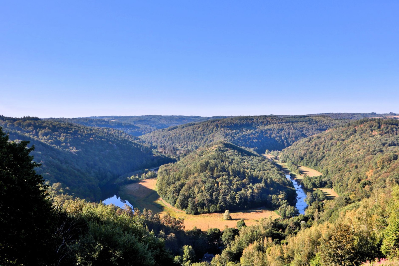 A river winding through wooded Ardennes hills under a clear sky