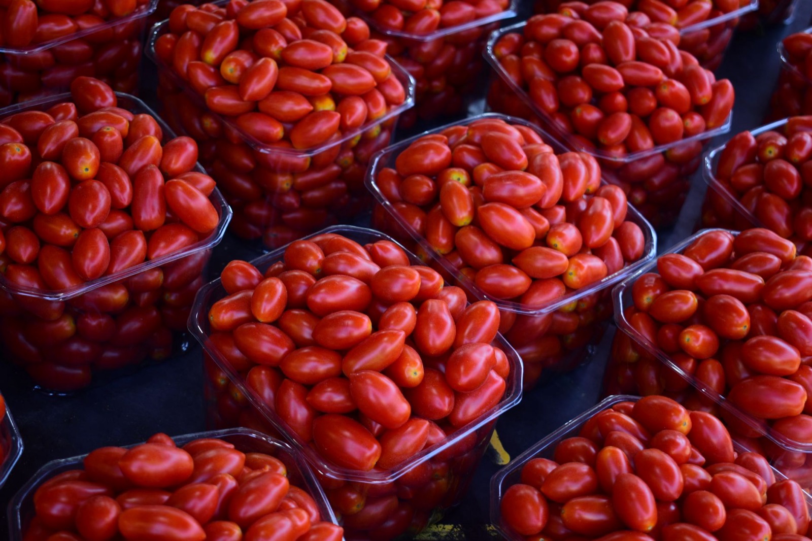Punnets of cherry tomatoes stacked in rows on a market stall