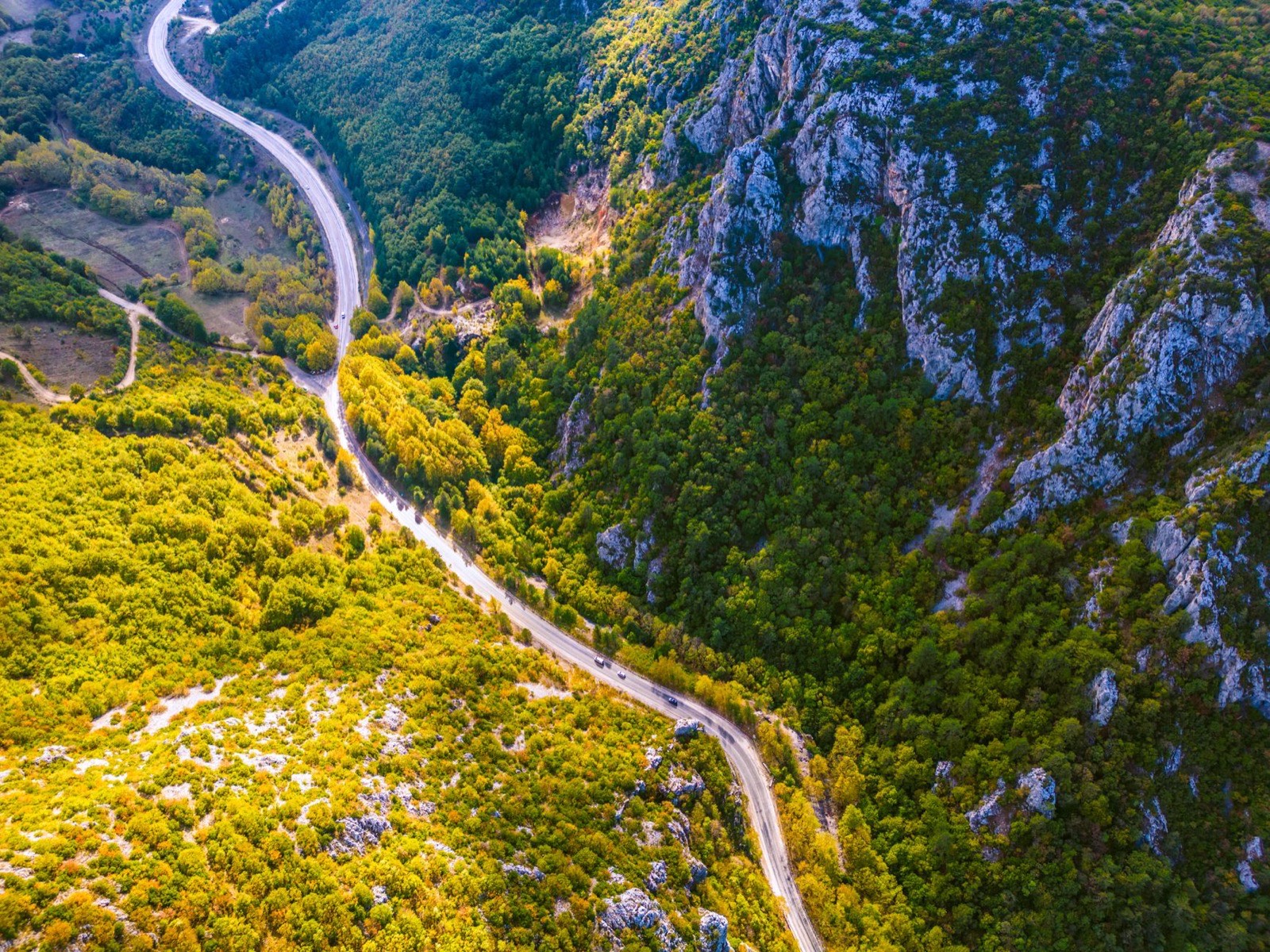 An aerial view of a two-lane road winding along the floor of a steep limestone canyon in autumn colour