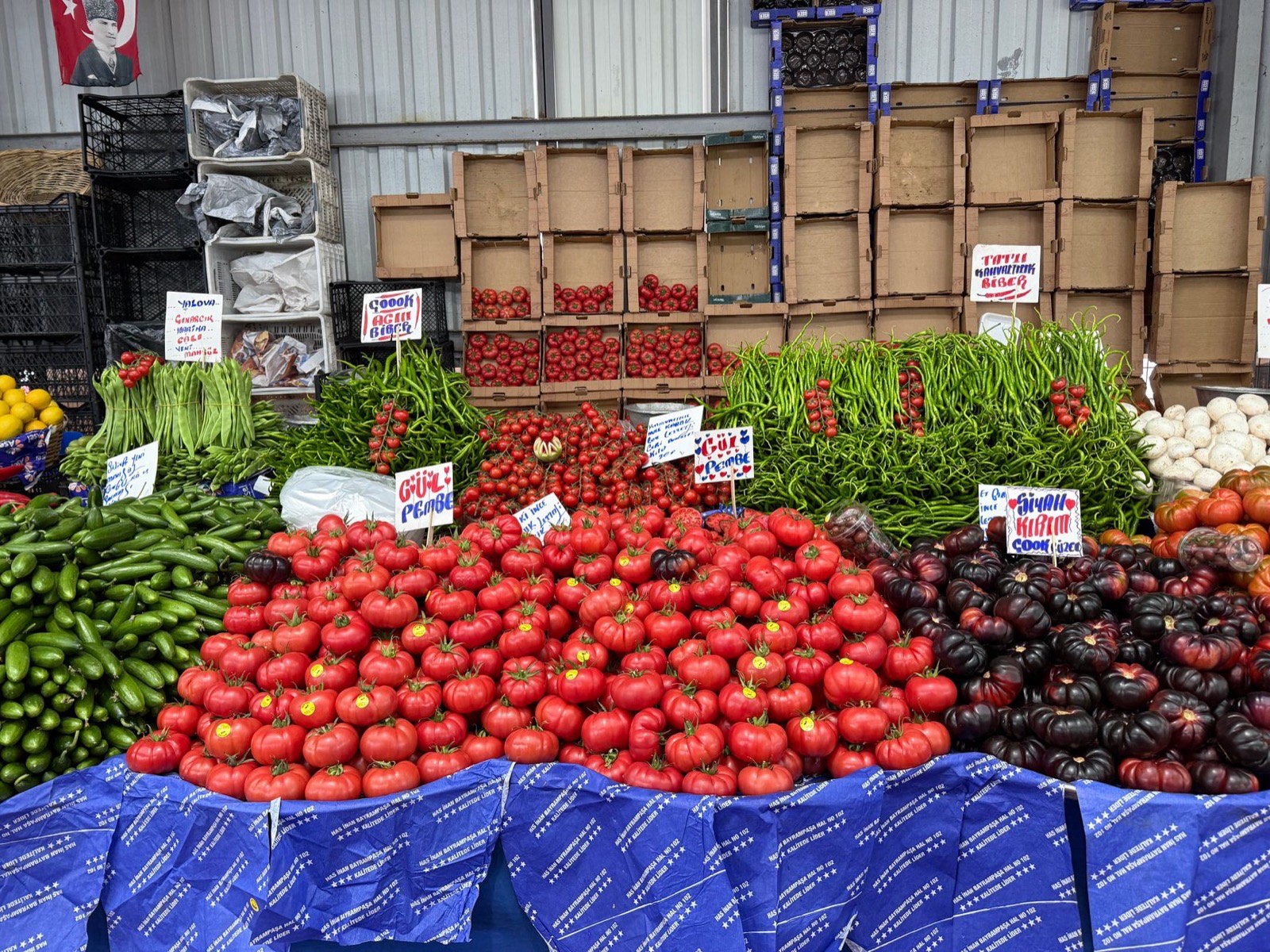 A market stall piled with tomatoes, green chillies and cucumbers under handwritten price signs