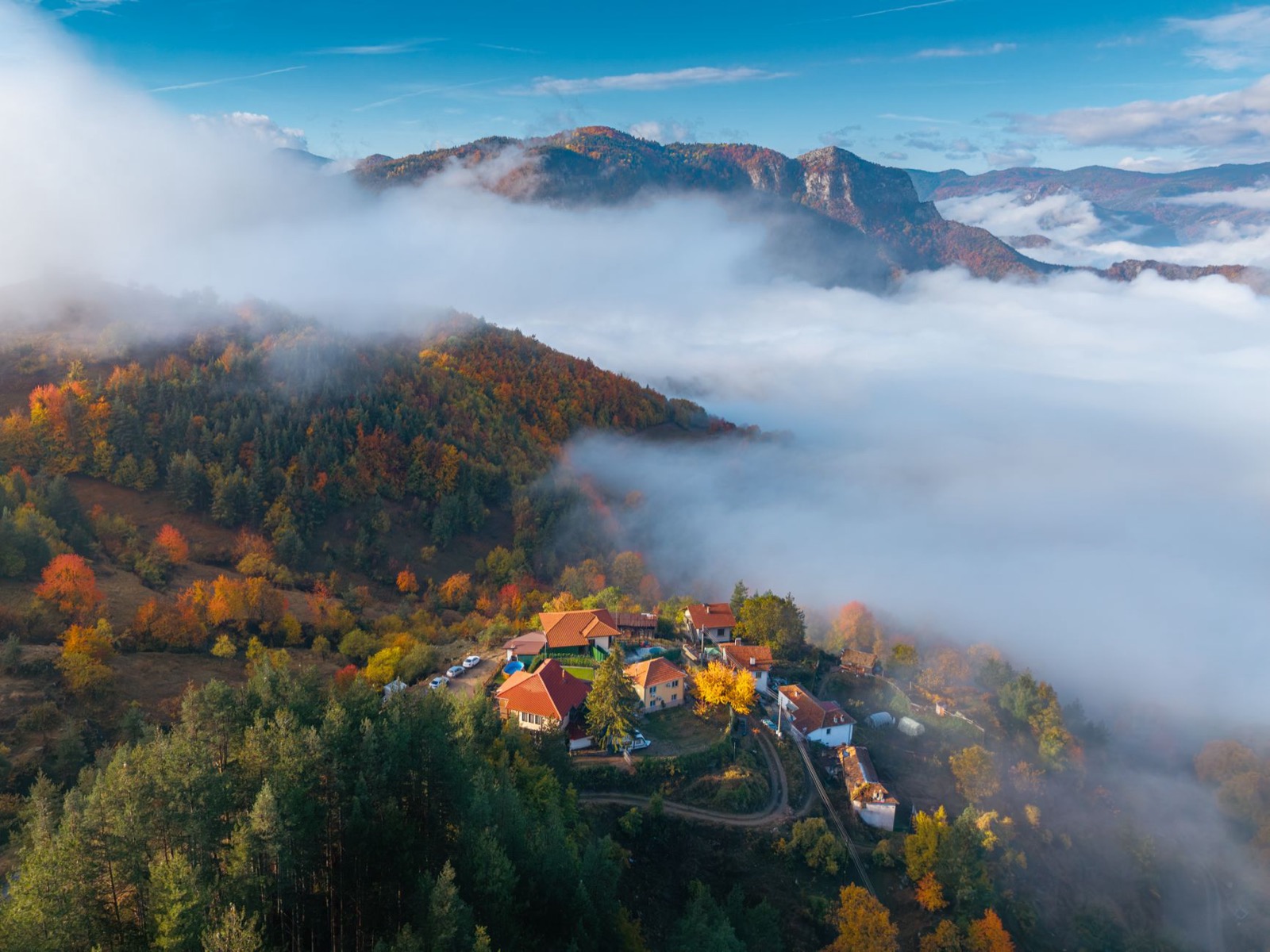 A hamlet of red-roofed houses on a wooded ridge standing above a sea of fog in autumn