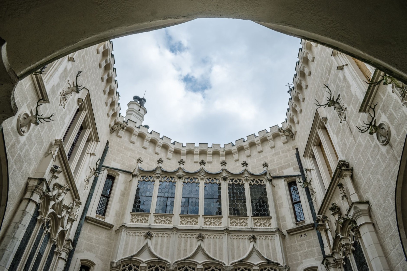 The white gothic courtyard of a castle seen from under its entrance arch, antler trophies on the walls