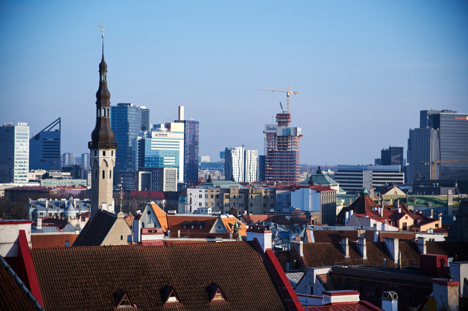 The red rooftops and town hall spire of Tallinn old town, the modern city rising behind