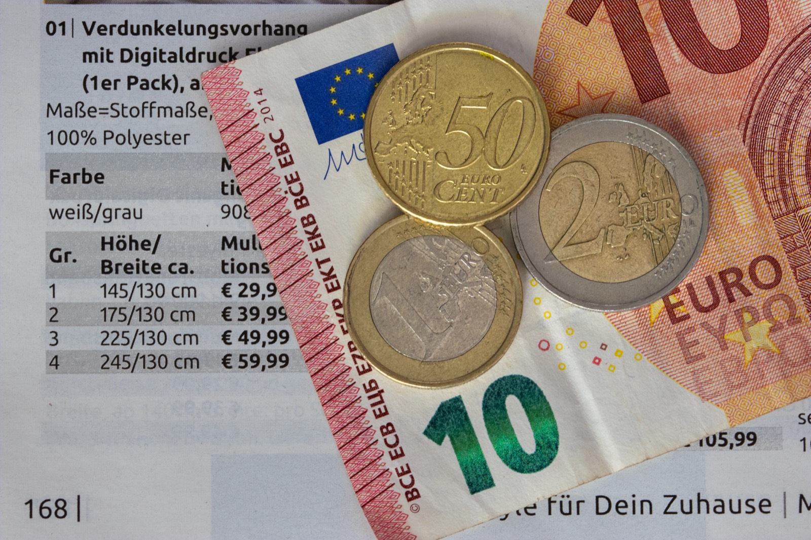 A 50 cent, a 2 euro and a 1 euro coin resting on a ten euro note over a printed price list