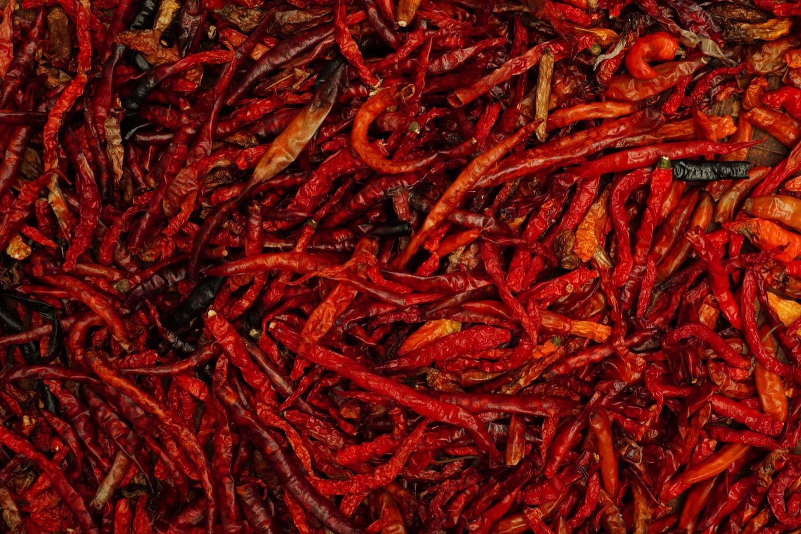 A dense mass of dried red paprika pods filling the frame