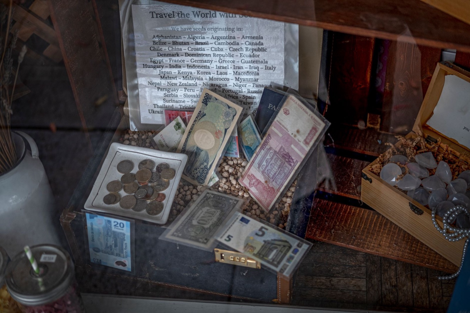 Assorted foreign banknotes and coins arranged in a shop window display