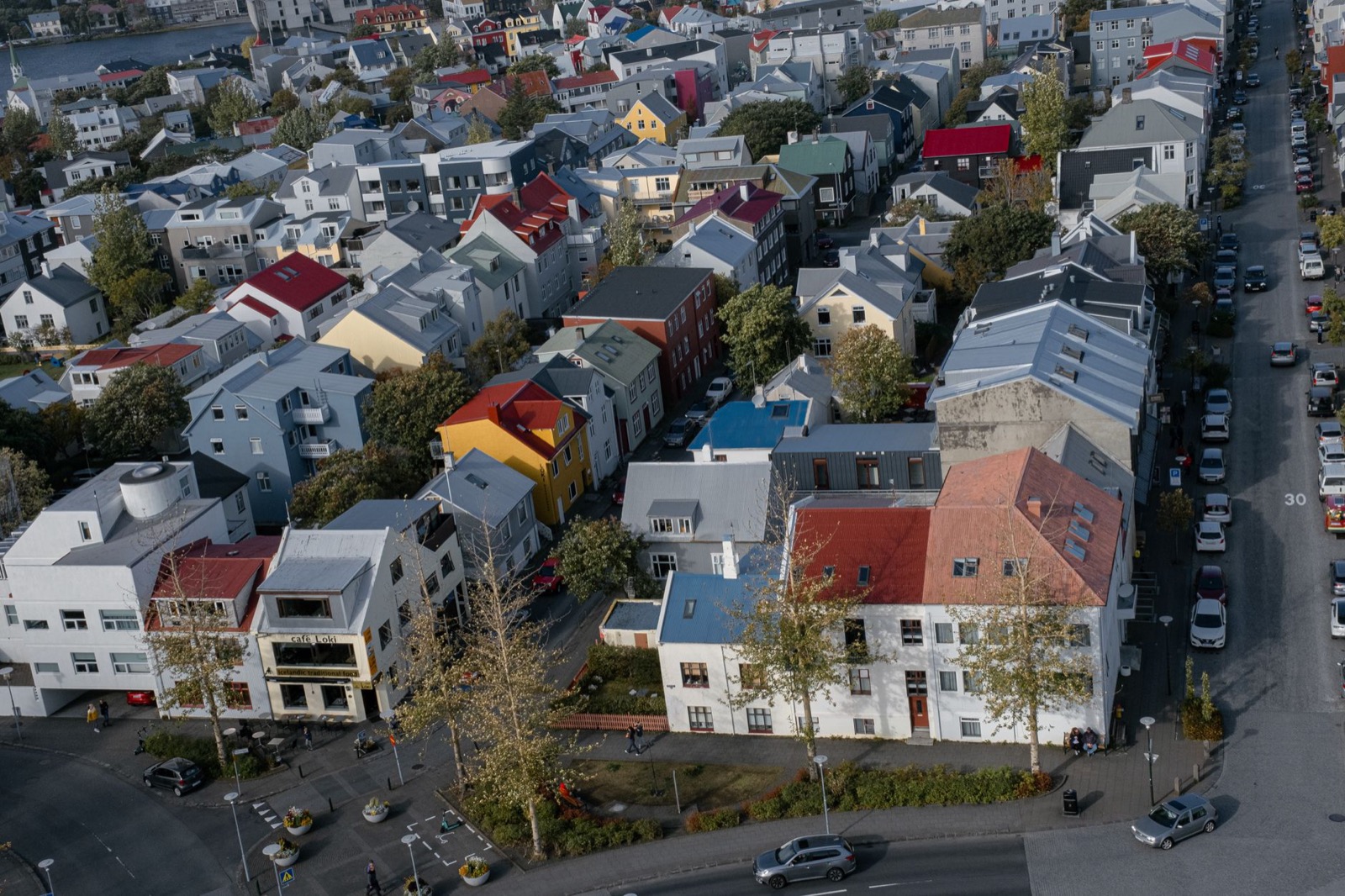 Coloured roofs and painted houses of central Reykjavik seen from above