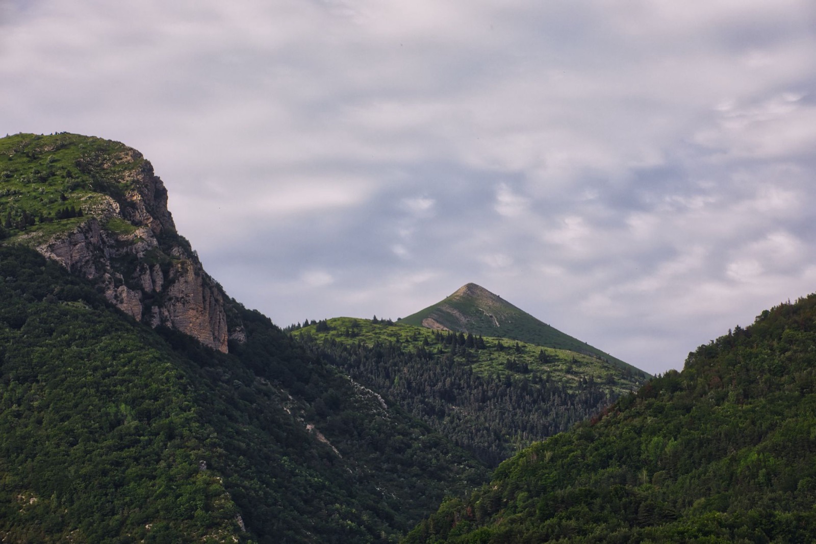 A rocky bluff and a conical green peak above steep forested slopes under low cloud