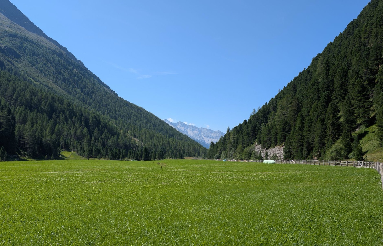 A high alpine bowl of meadow and scattered chalets ringed by rocky peaks