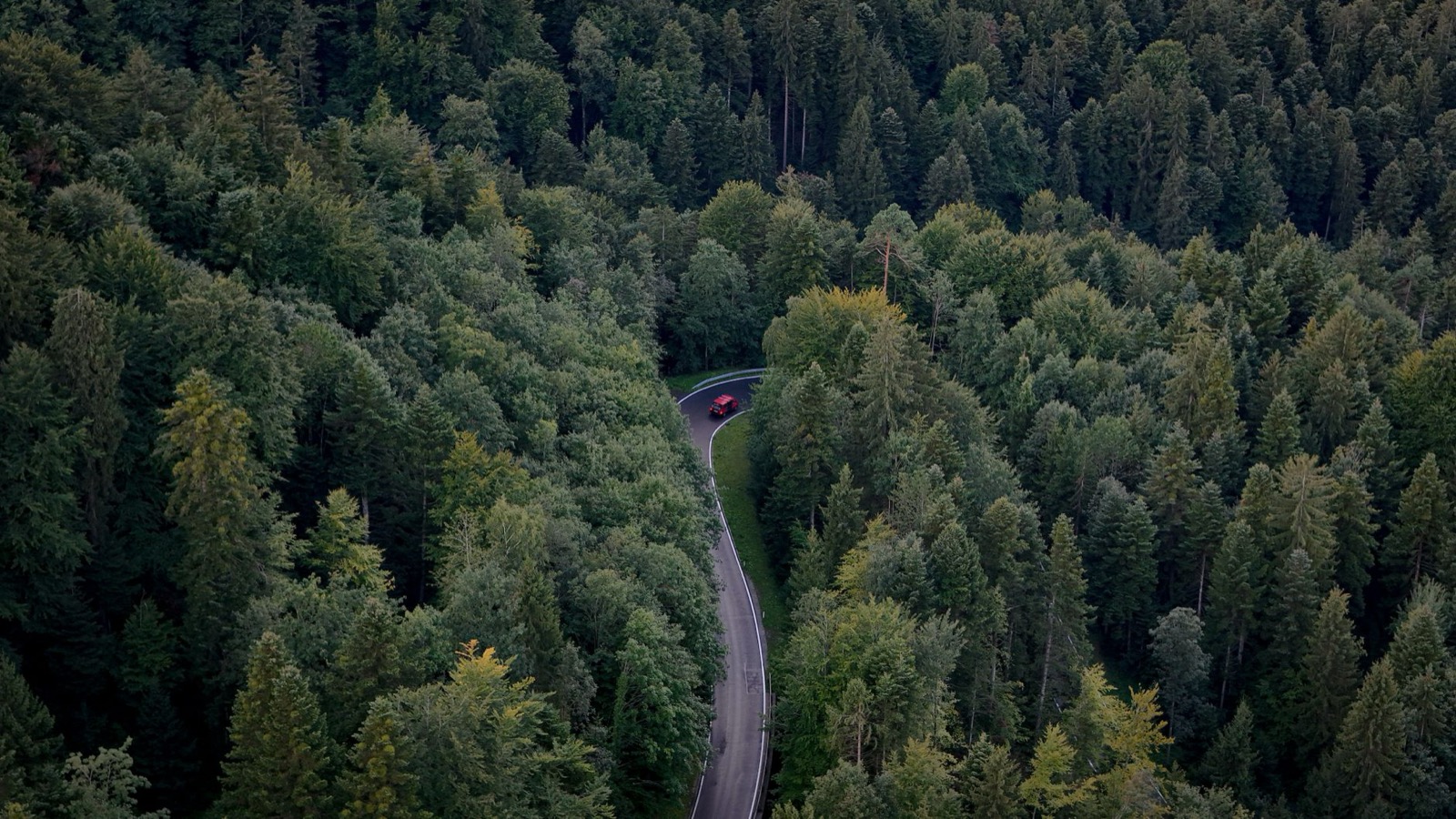 A narrow road climbing in hairpins through alpine meadow towards high peaks