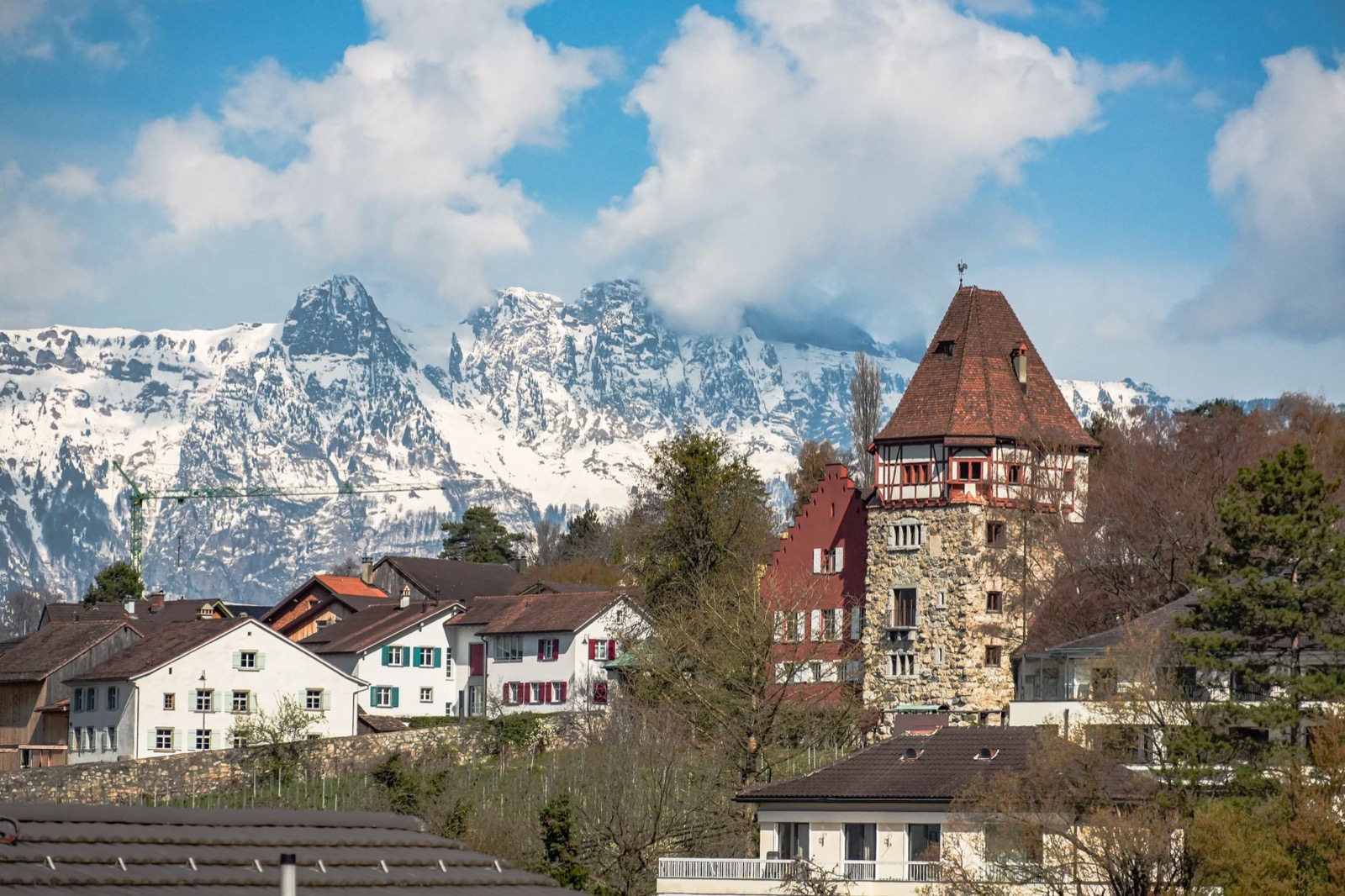A stone castle on a low rock above village roofs with mountains behind