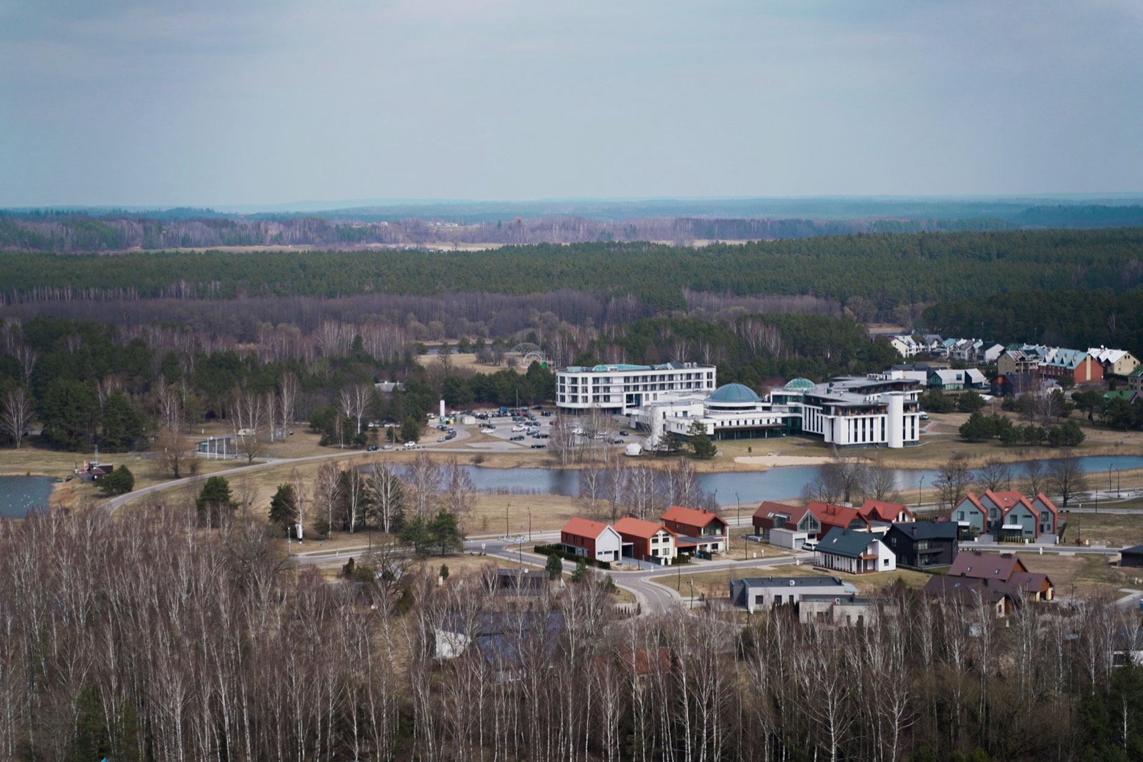 A small lakeside town of new houses seen from a viewing tower above bare forest