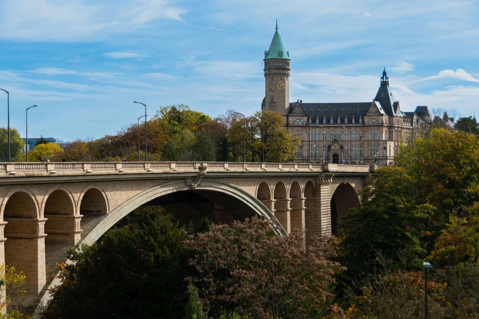 The Adolphe bridge arching over the green Petrusse valley in Luxembourg City