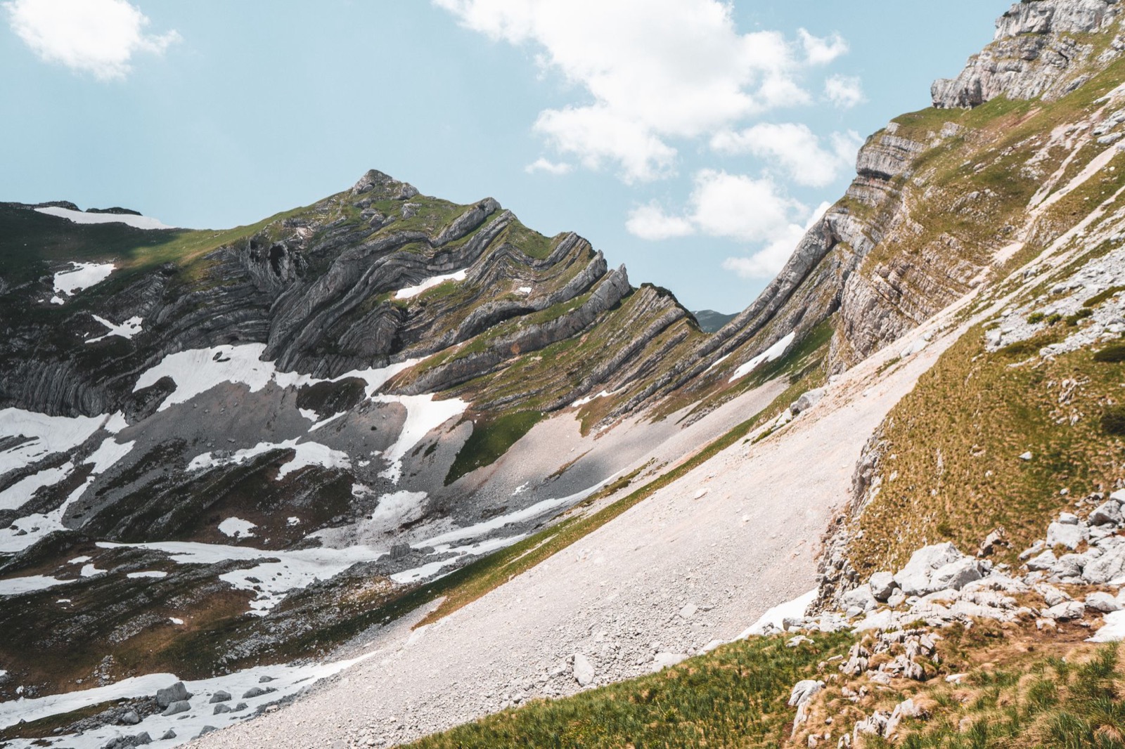 Folded grey rock strata and patches of old snow above a wide scree slope