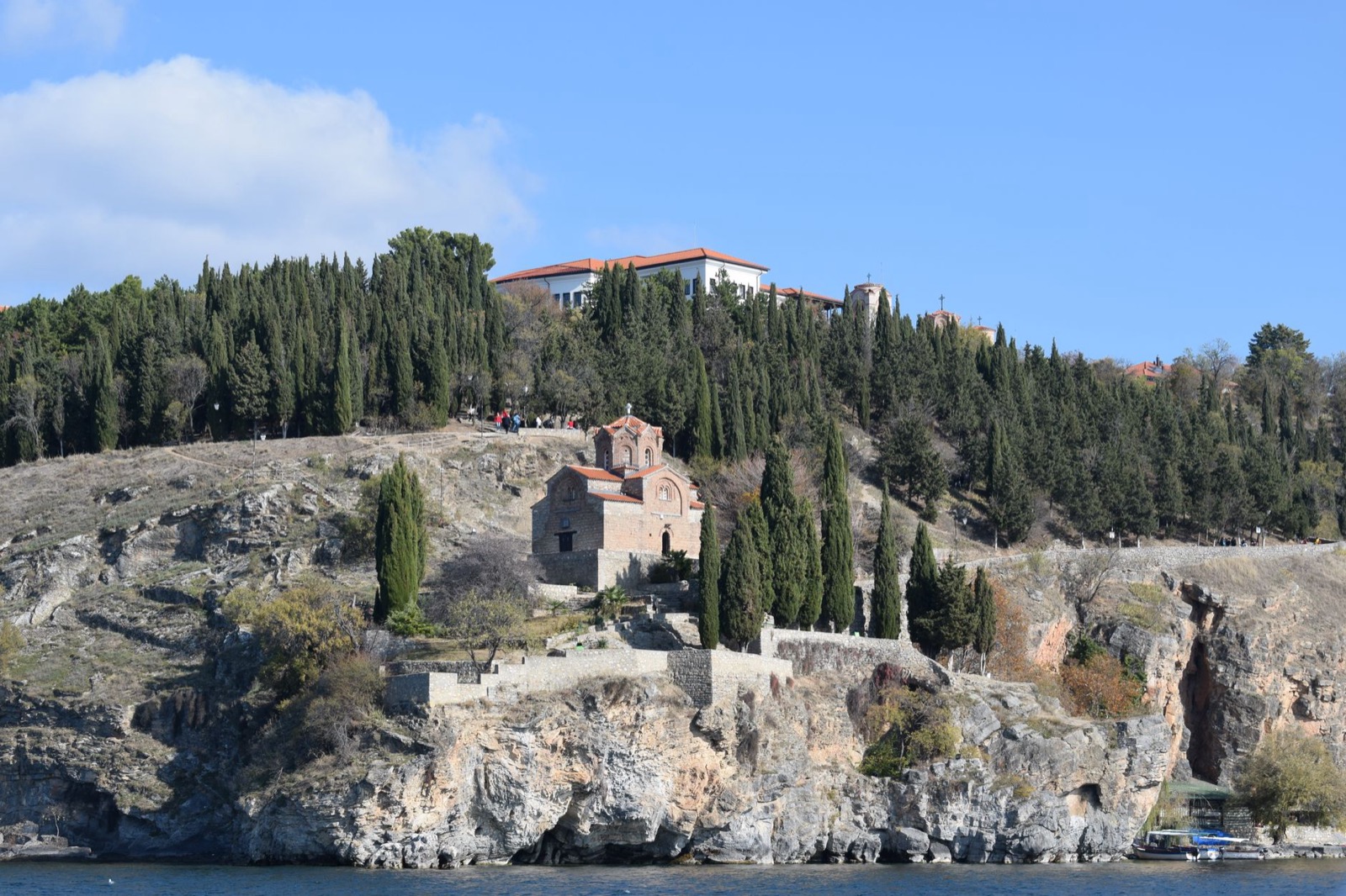 The church of Saint John at Kaneo on a cliff above the blue water of Lake Ohrid