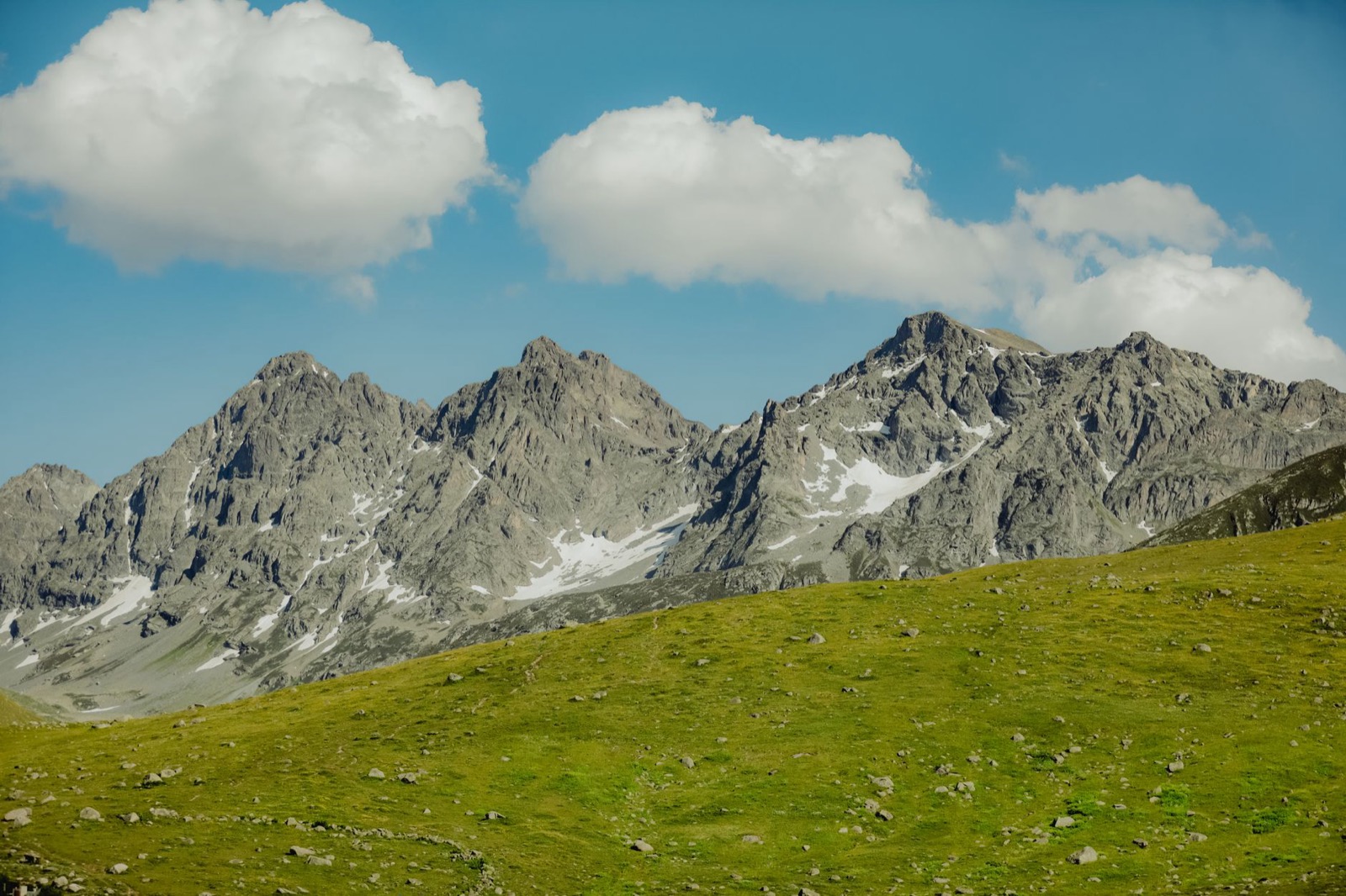 Alpine meadow and bare ridges in the Sar mountains