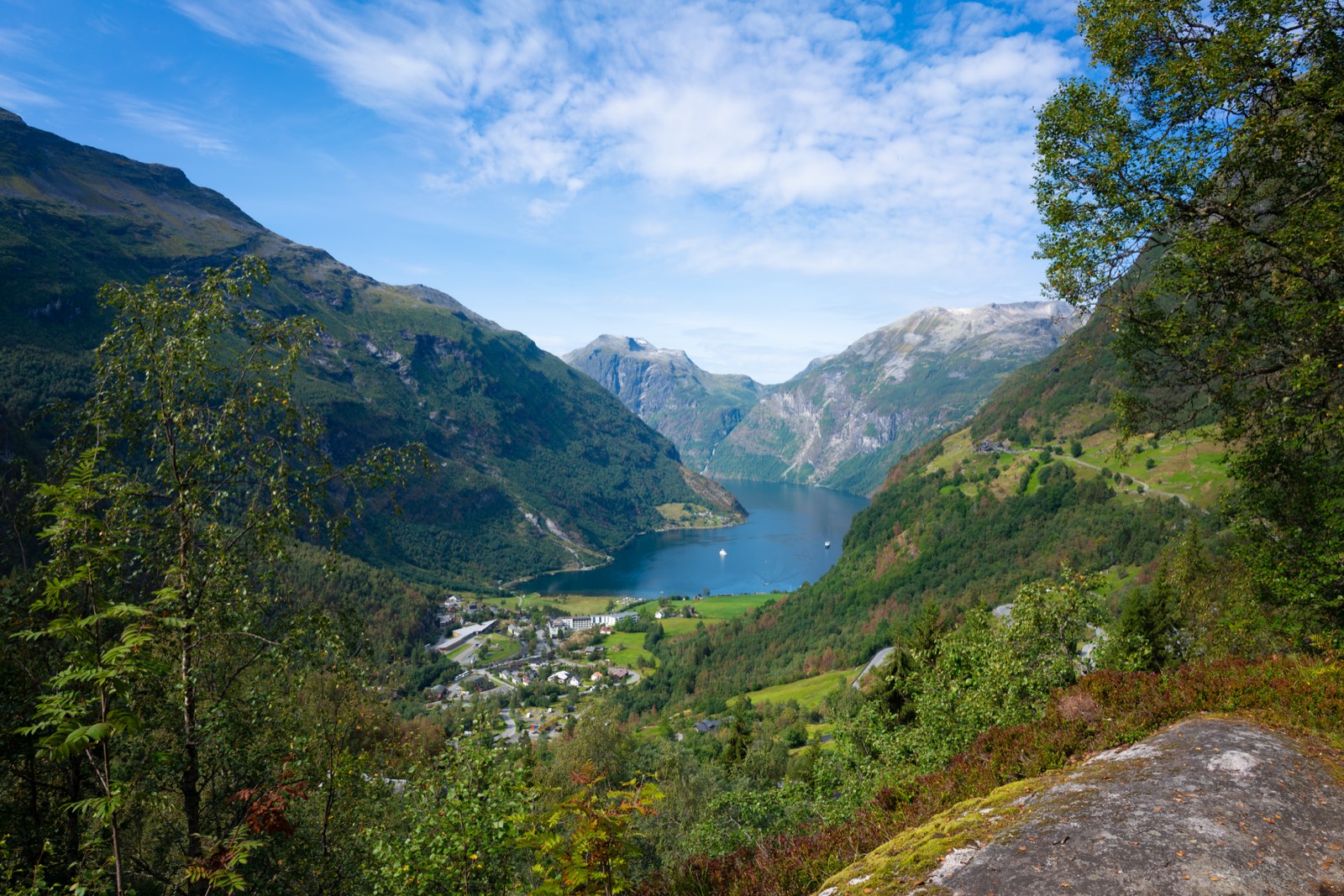 A fjord with steep green mountains dropping to still blue water, a village at the waterline