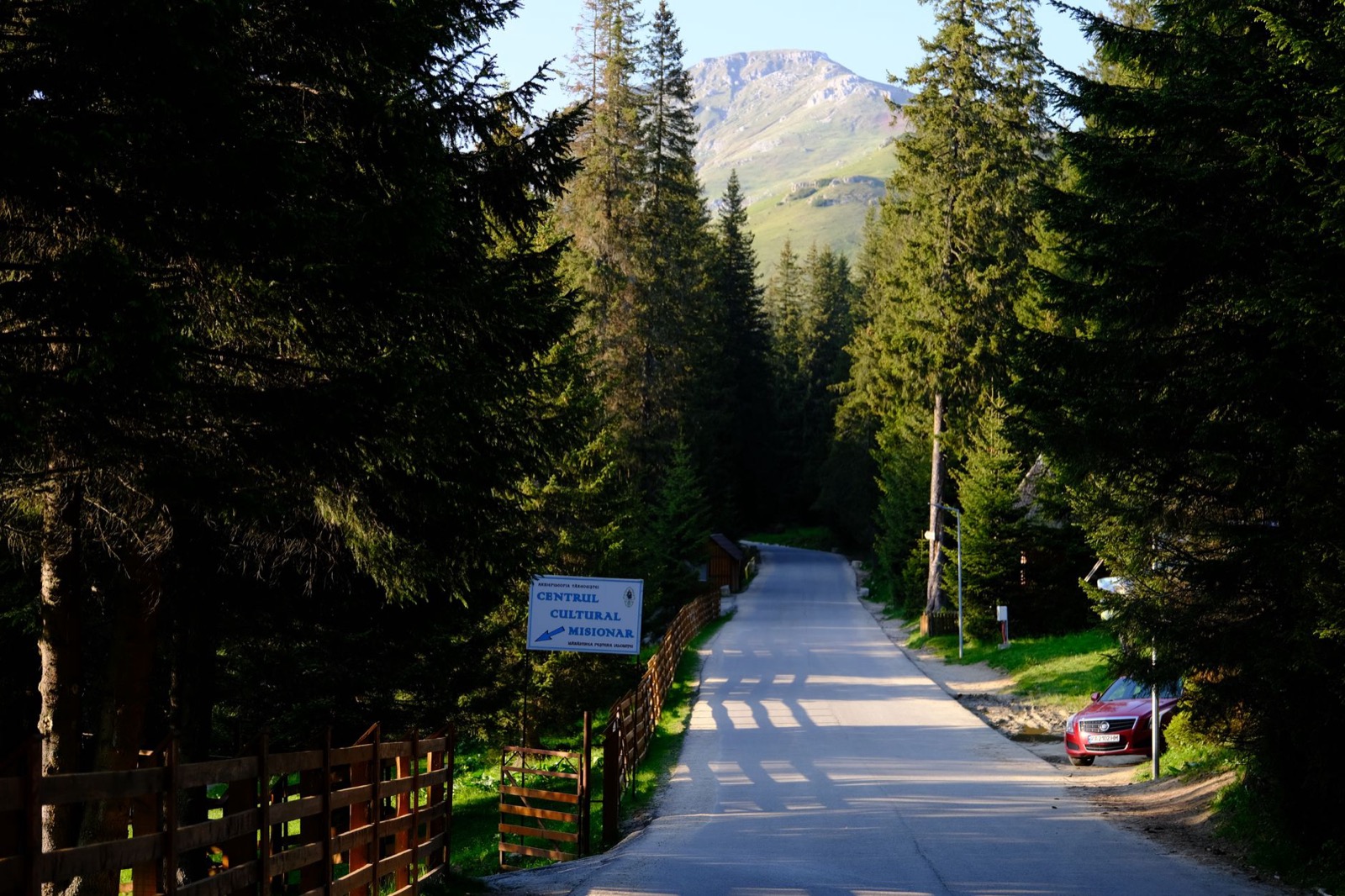A sealed road running between tall spruce towards a bare mountain peak, with a red car parked on the verge