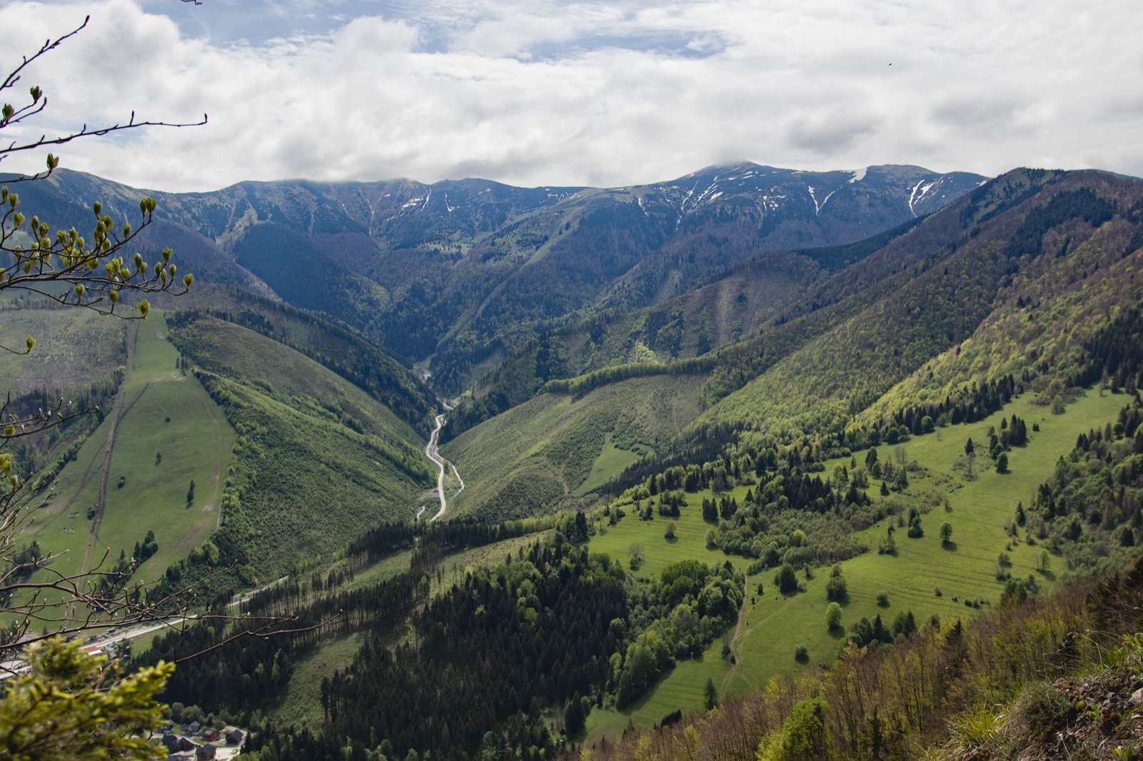 A deep green valley of pasture and forest seen from above, a road on its floor and long ridges behind