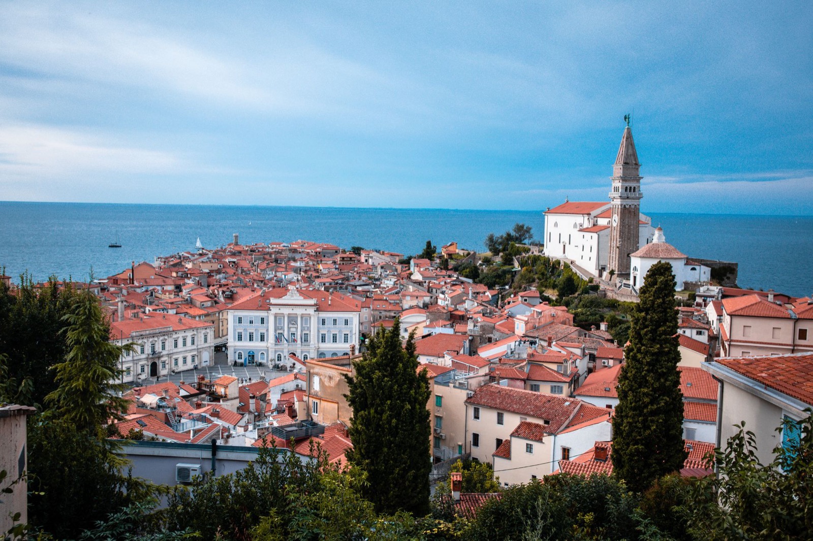 The red rooftops and bell tower of Piran on its peninsula above a blue Adriatic