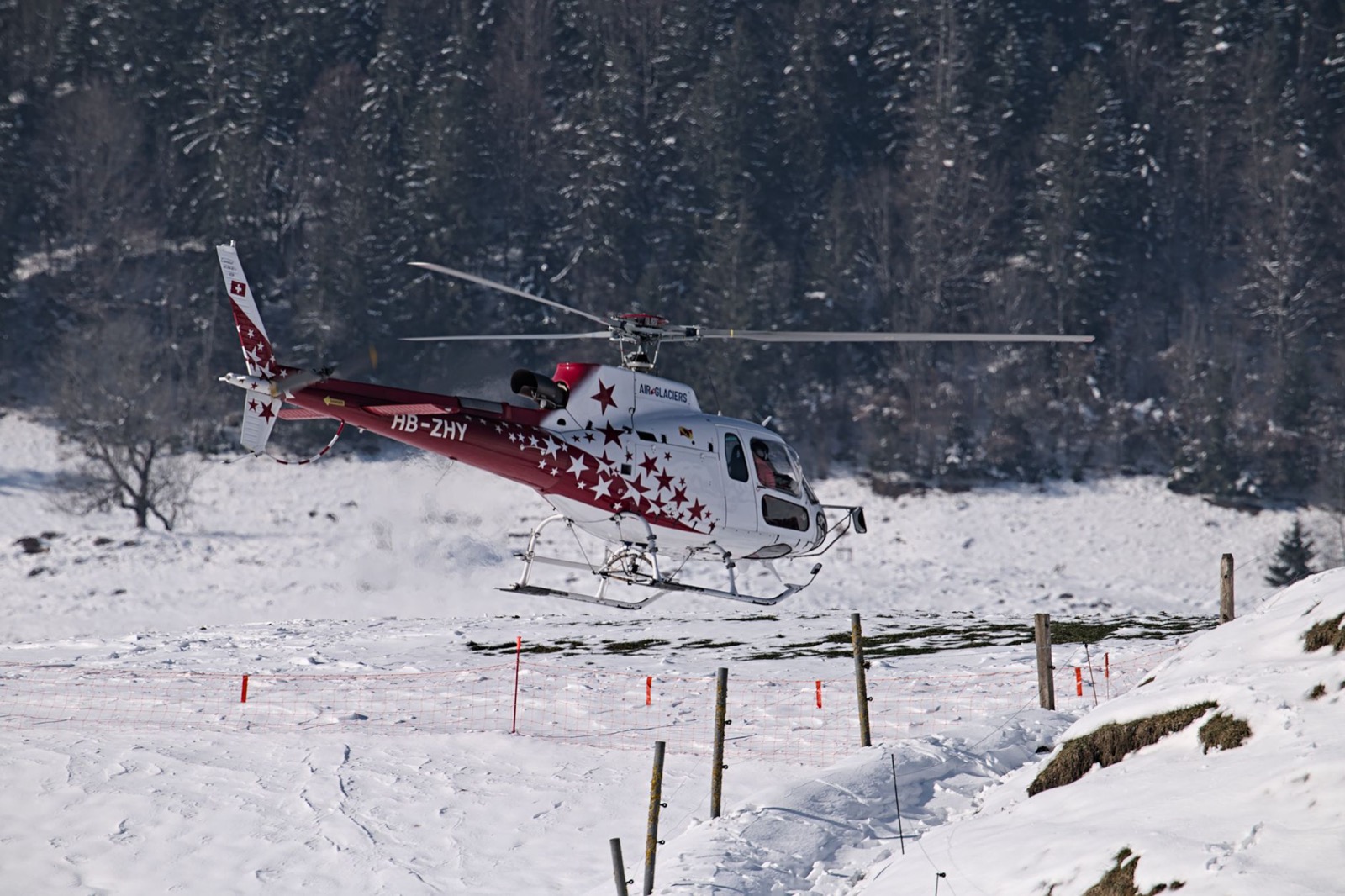 A red and white rescue helicopter hovering low over a snow-covered field below dark forest