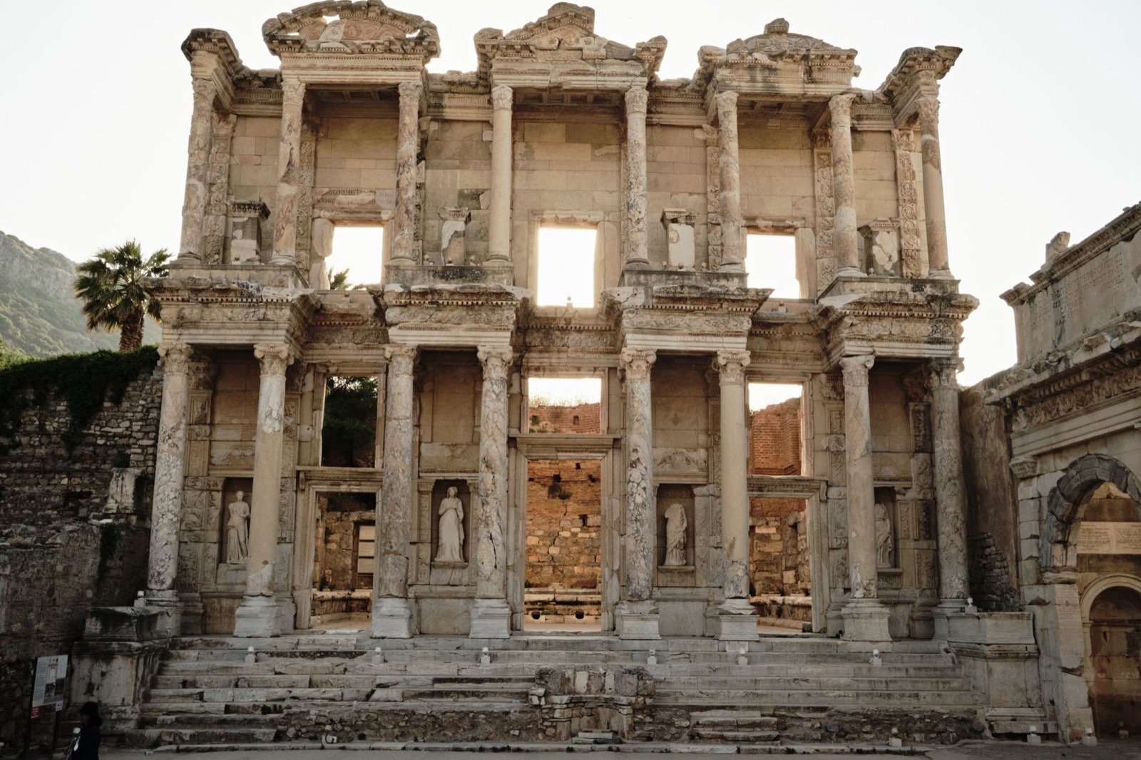 The columned facade of the library of Celsus at Ephesus in evening light