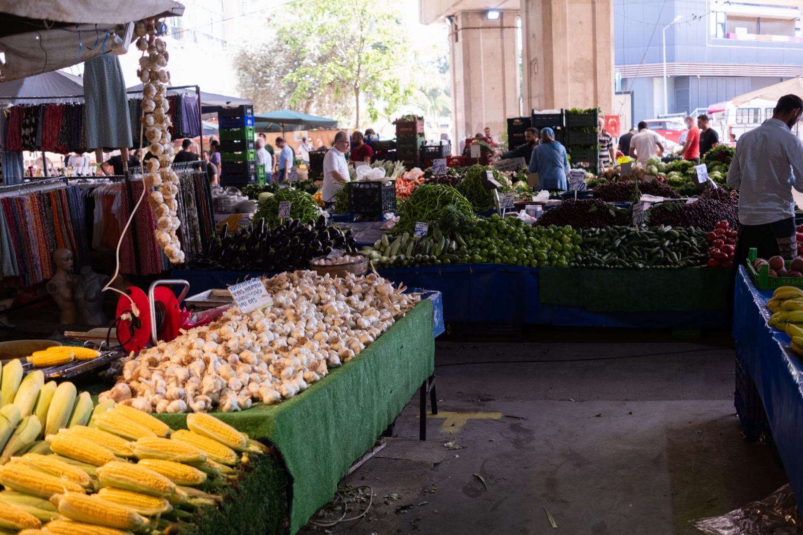 Stalls of peppers, tomatoes and herbs at a Turkish street market