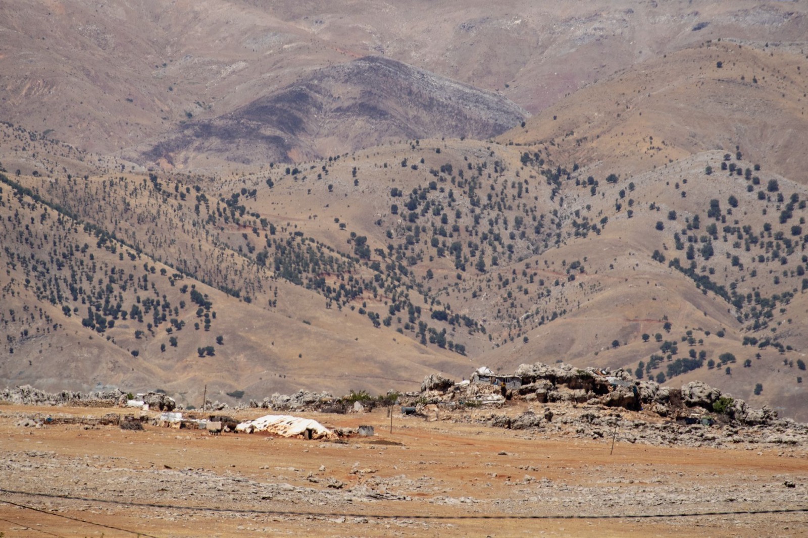 Dry rolling steppe and a distant village on the Anatolian plateau