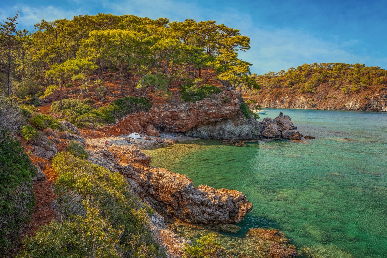 A campervan parked on a gravel shore beside calm turquoise water