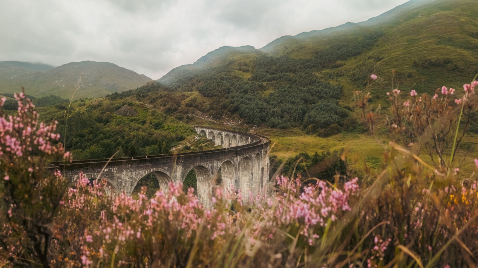 A single track road winding between heather and bare mountains in the Scottish Highlands under moving cloud